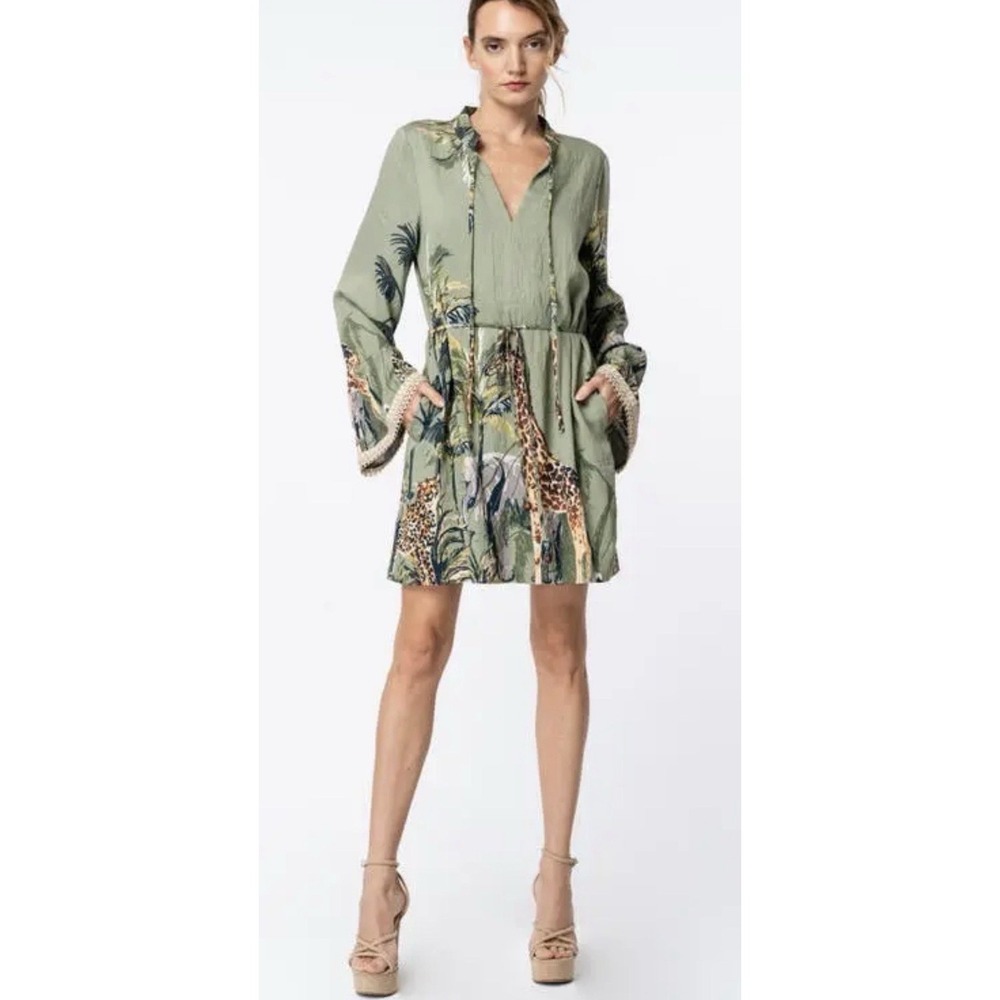 Ciebon Eleanor Print Long Sleeve Dress Olive Leopard Giraffe Elephant Size XL